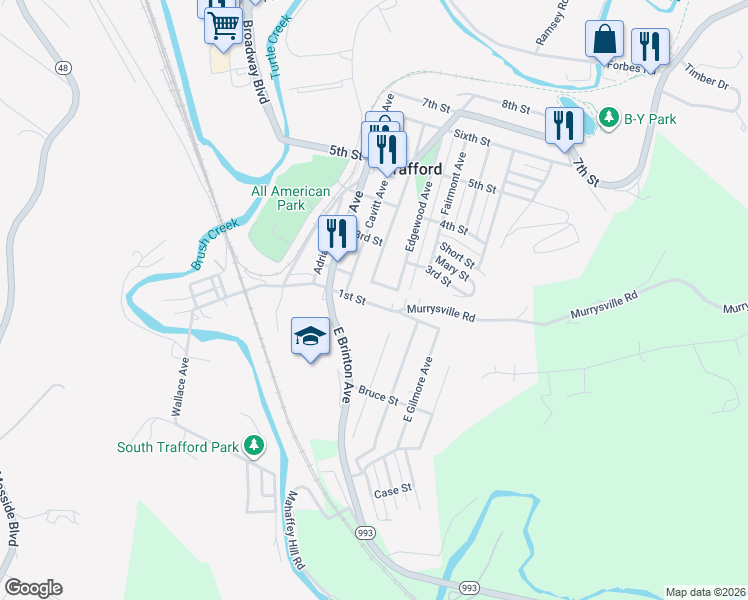 map of restaurants, bars, coffee shops, grocery stores, and more near 218 1st Street in Trafford
