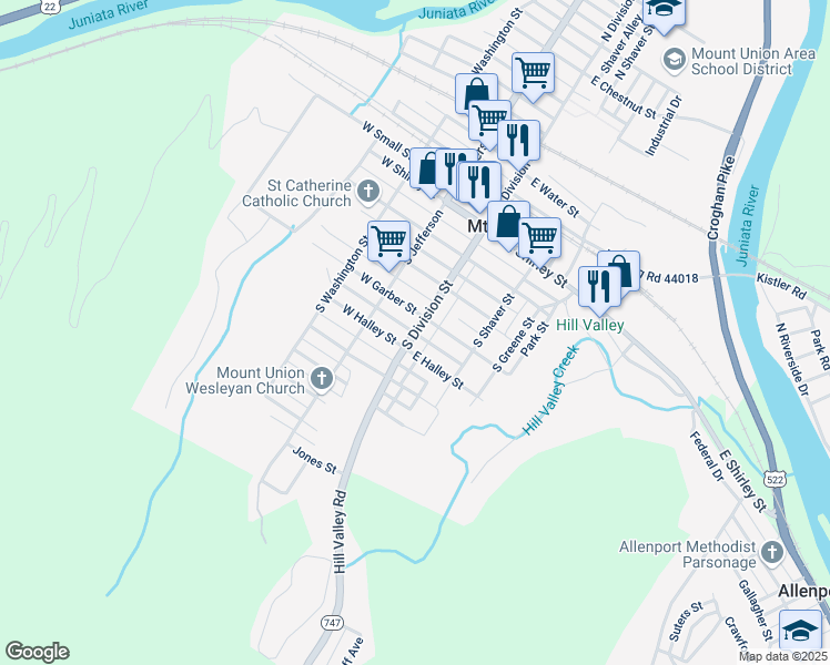 map of restaurants, bars, coffee shops, grocery stores, and more near Gayton Street in Mount Union