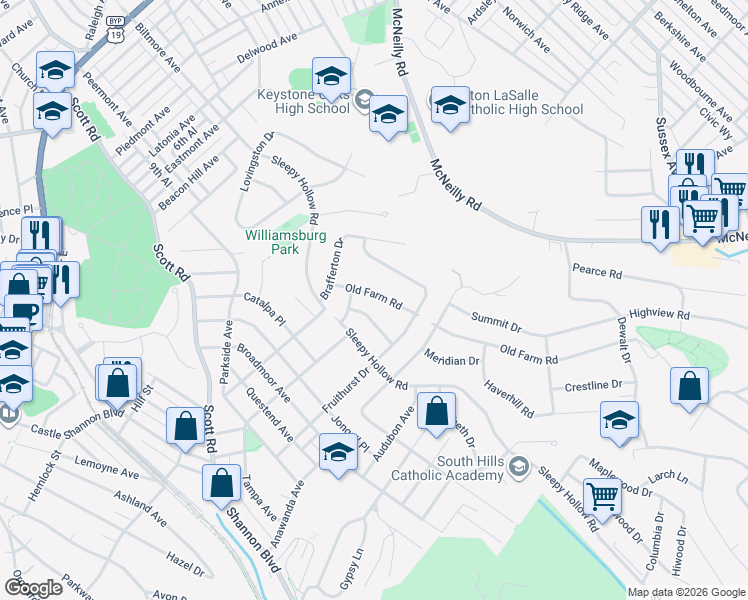 map of restaurants, bars, coffee shops, grocery stores, and more near 300 Old Farm Road in Pittsburgh