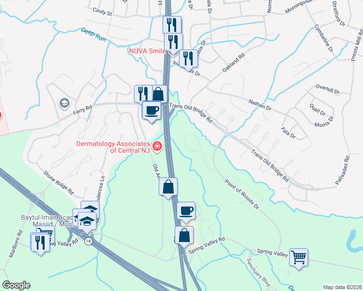 map of restaurants, bars, coffee shops, grocery stores, and more near 36 Amber Drive in Old Bridge