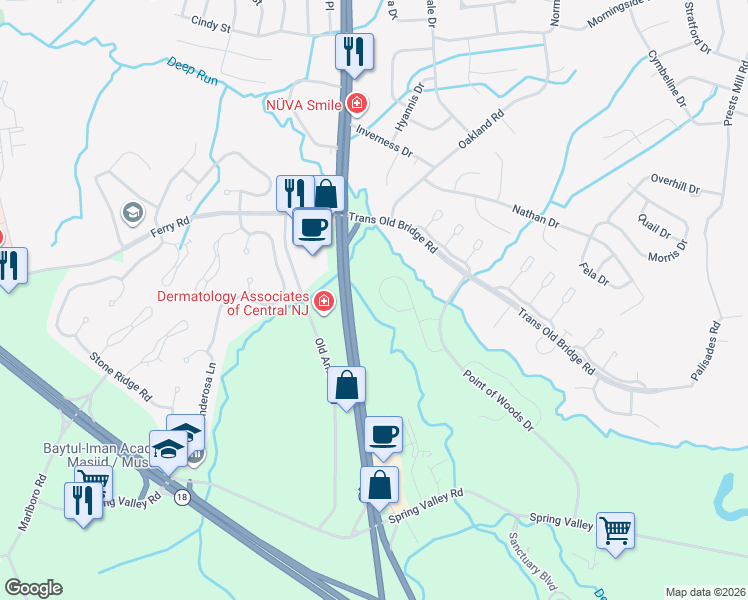 map of restaurants, bars, coffee shops, grocery stores, and more near 36 Amber Drive in Old Bridge