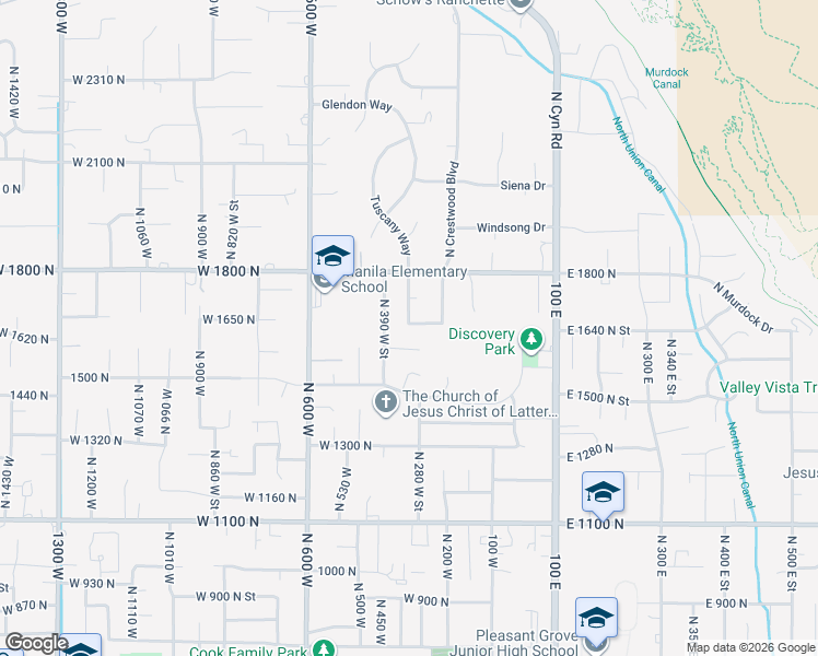 map of restaurants, bars, coffee shops, grocery stores, and more near 345 West 1650 North in Pleasant Grove