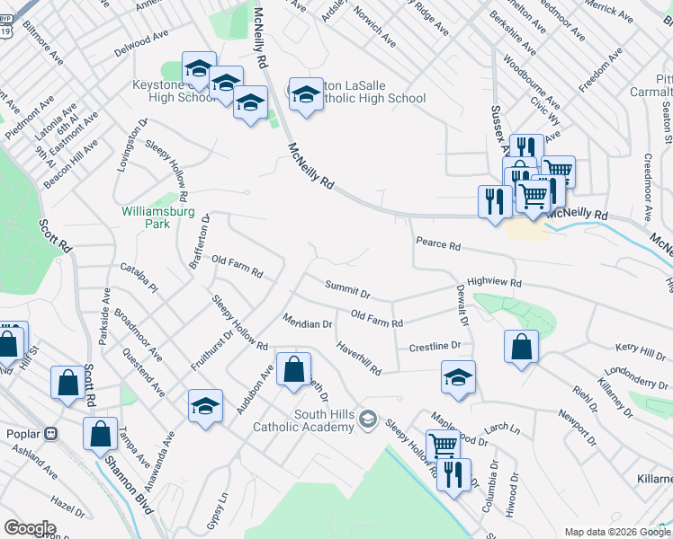 map of restaurants, bars, coffee shops, grocery stores, and more near 697 Country Club Drive in Pittsburgh