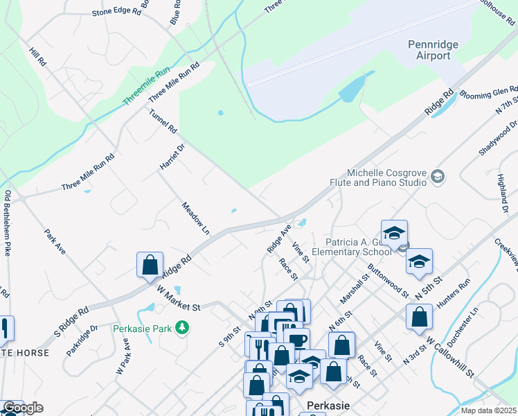 map of restaurants, bars, coffee shops, grocery stores, and more near 1216 Tunnel Road in Perkasie