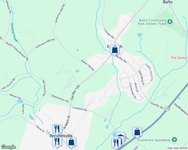 map of restaurants, bars, coffee shops, grocery stores, and more near 2079 Old Route 100 in Bechtelsville