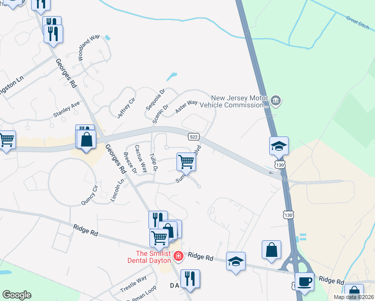 map of restaurants, bars, coffee shops, grocery stores, and more near 103 Dahlia Circle in South Brunswick Township