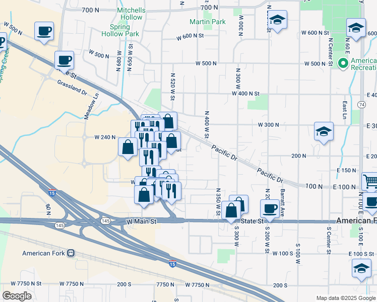 map of restaurants, bars, coffee shops, grocery stores, and more near 399 East 100 North in American Fork