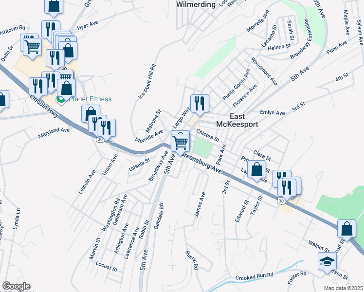 map of restaurants, bars, coffee shops, grocery stores, and more near in East McKeesport