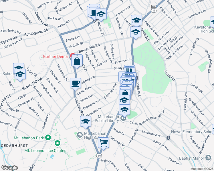map of restaurants, bars, coffee shops, grocery stores, and more near 109 Cedar Boulevard in Pittsburgh
