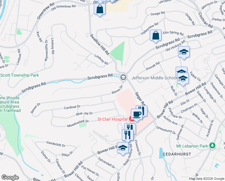 map of restaurants, bars, coffee shops, grocery stores, and more near 1114 Raven Drive in Pittsburgh