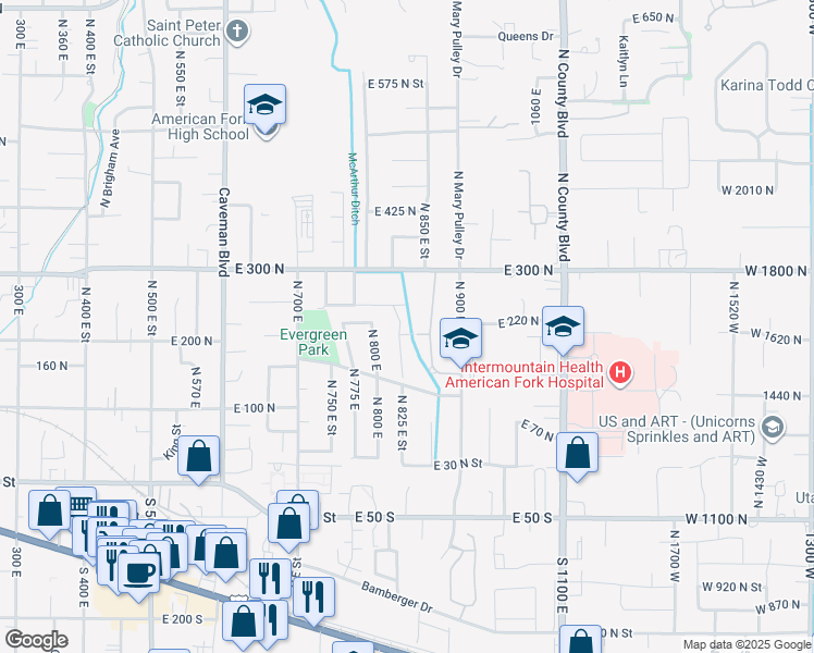 map of restaurants, bars, coffee shops, grocery stores, and more near 210 North 825 East in American Fork