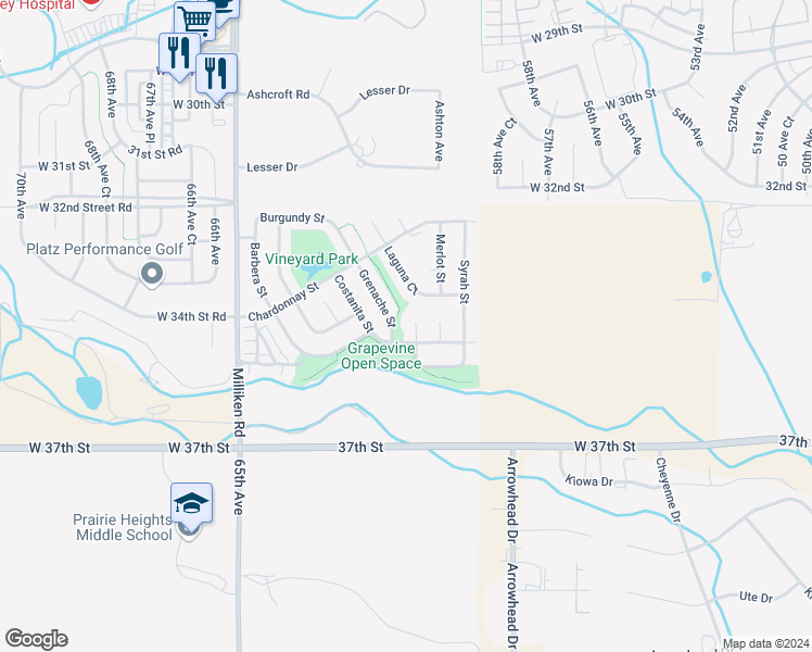 map of restaurants, bars, coffee shops, grocery stores, and more near 3419 Riesling Court in Evans