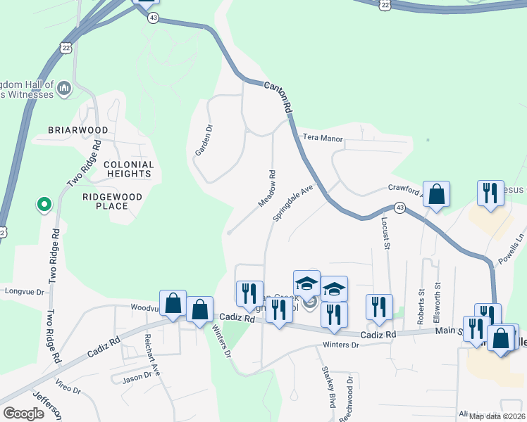 map of restaurants, bars, coffee shops, grocery stores, and more near 164 Meadow Road in Wintersville