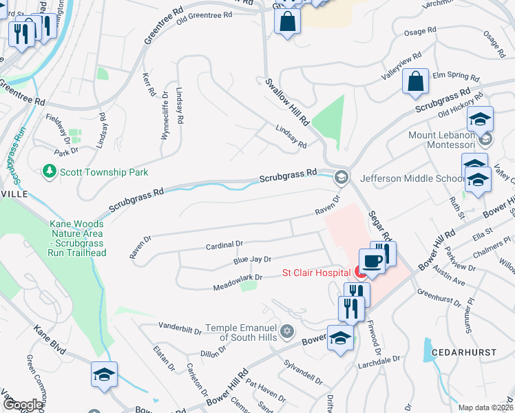 map of restaurants, bars, coffee shops, grocery stores, and more near 1239 Grouse Drive in Pittsburgh