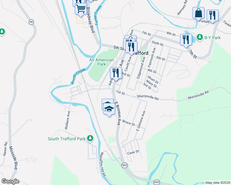 map of restaurants, bars, coffee shops, grocery stores, and more near 201 1st Street in Trafford