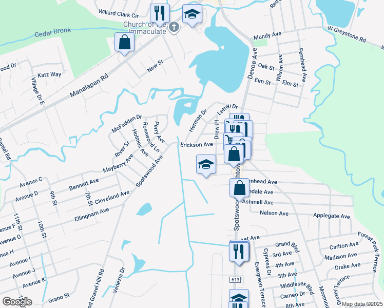 map of restaurants, bars, coffee shops, grocery stores, and more near 48 Harrigan Avenue in Monroe Township