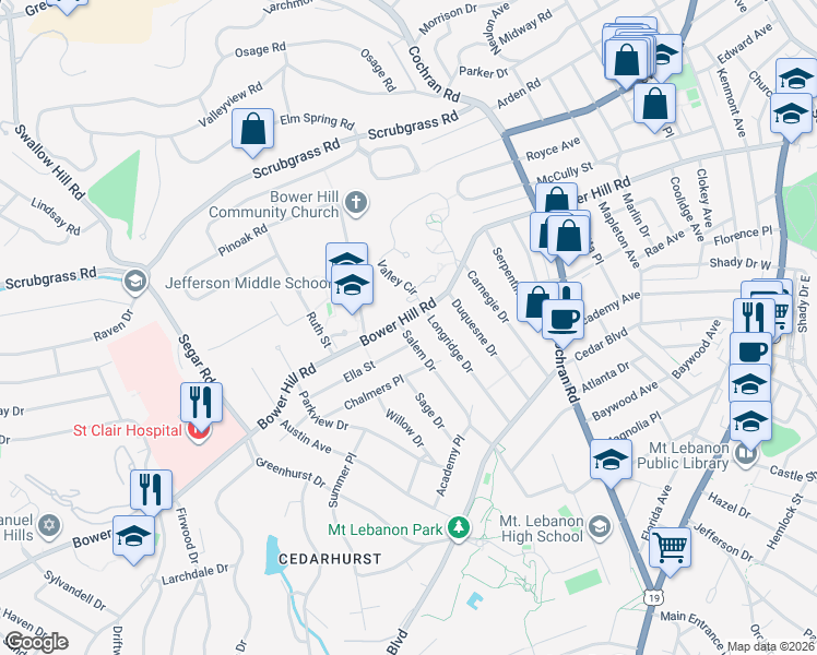map of restaurants, bars, coffee shops, grocery stores, and more near 406 Longridge Drive in Pittsburgh
