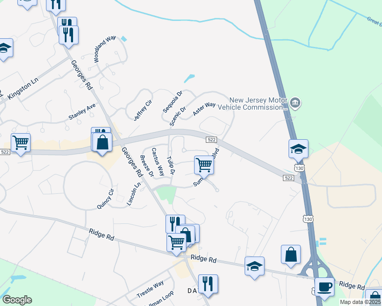 map of restaurants, bars, coffee shops, grocery stores, and more near 504 Dahlia Circle in South Brunswick Township