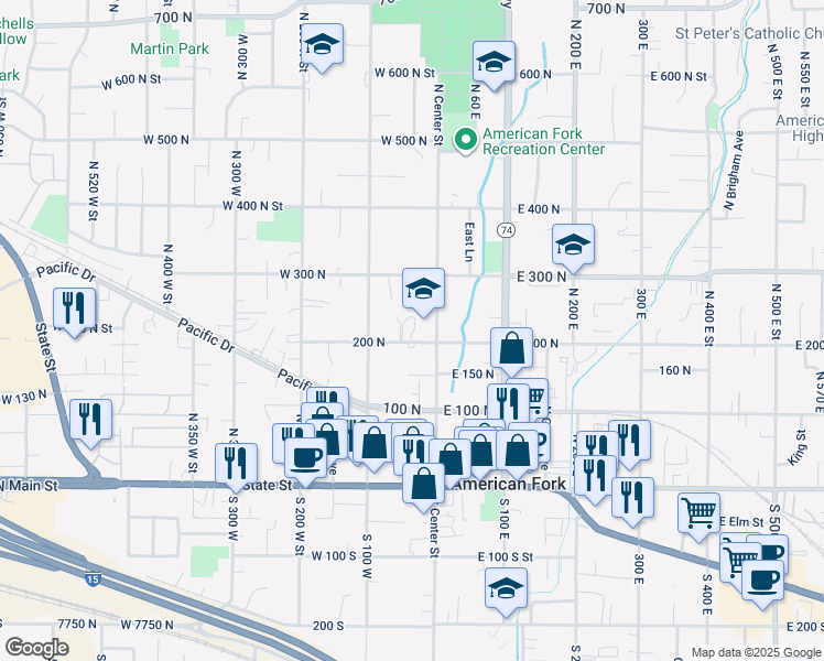 map of restaurants, bars, coffee shops, grocery stores, and more near 28 West 200 North Street in American Fork