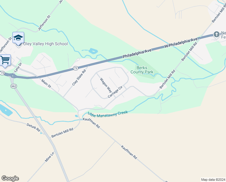 map of restaurants, bars, coffee shops, grocery stores, and more near 7 Wagon Way in Oley