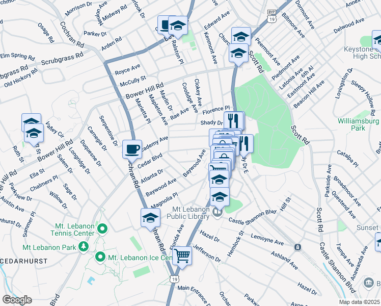 map of restaurants, bars, coffee shops, grocery stores, and more near 109 Cedar Blvd in Pittsburgh