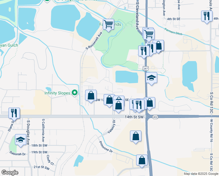 map of restaurants, bars, coffee shops, grocery stores, and more near 1115 South Garfield Avenue in Loveland