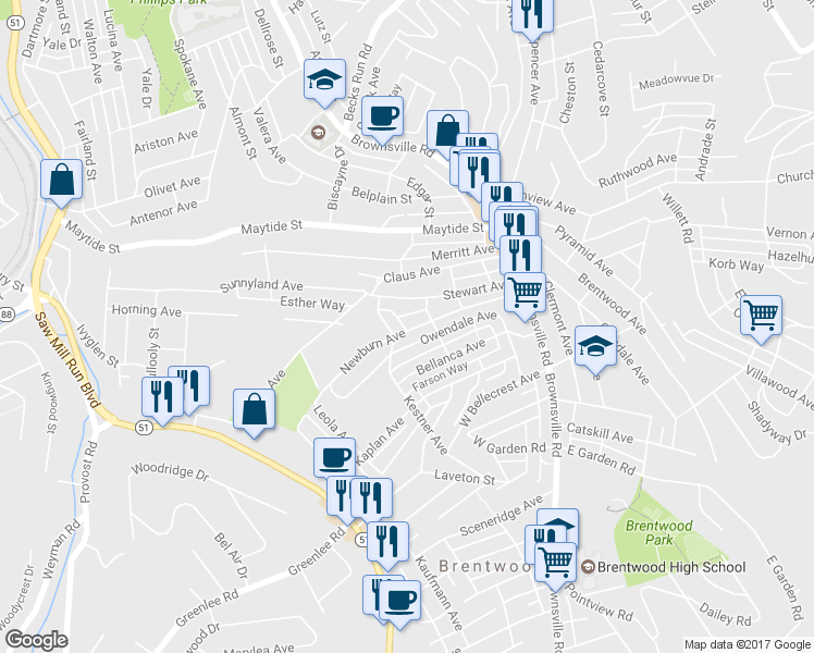 map of restaurants, bars, coffee shops, grocery stores, and more near 46 Fame Way in Pittsburgh