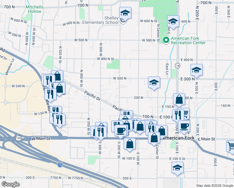 map of restaurants, bars, coffee shops, grocery stores, and more near 213 North 200 West Street in American Fork