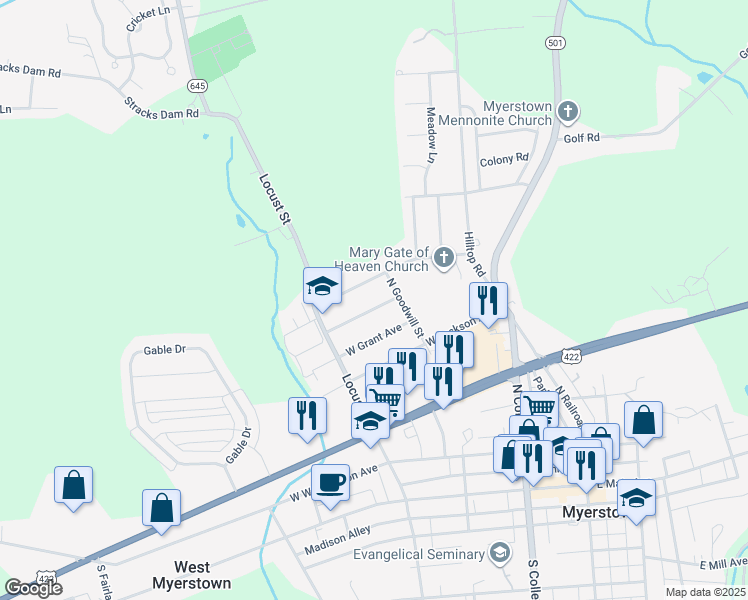 map of restaurants, bars, coffee shops, grocery stores, and more near 207 W Franklin Ave in Myerstown