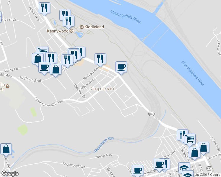 map of restaurants, bars, coffee shops, grocery stores, and more near 811 Richford Street in Duquesne