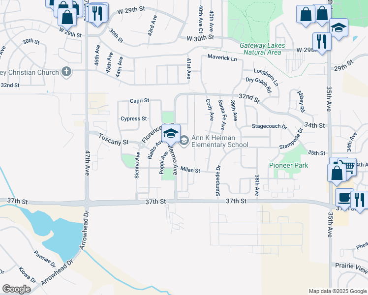 map of restaurants, bars, coffee shops, grocery stores, and more near 3500 Palermo Avenue in Evans
