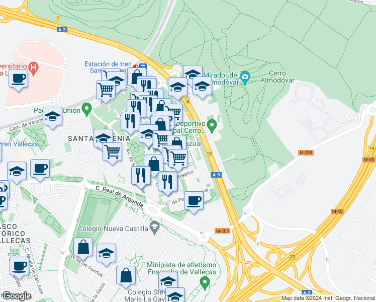 map of restaurants, bars, coffee shops, grocery stores, and more near 3A Calle Virgen de las Viñas in Madrid
