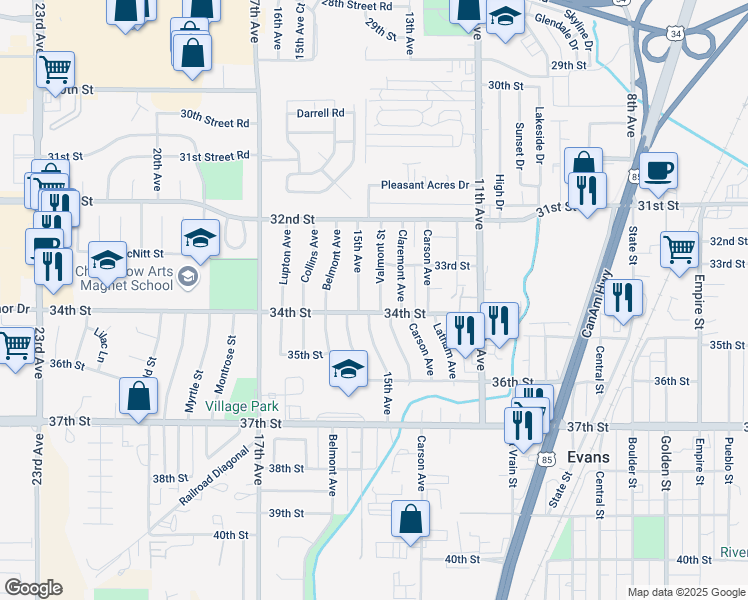 map of restaurants, bars, coffee shops, grocery stores, and more near 3313 Valmont Street in Evans