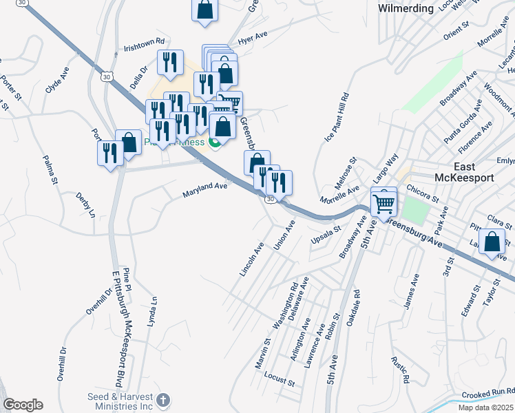 map of restaurants, bars, coffee shops, grocery stores, and more near 1205 Highwood Road in North Versailles