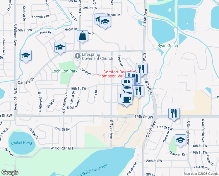 map of restaurants, bars, coffee shops, grocery stores, and more near 1007 South Tyler Avenue in Loveland