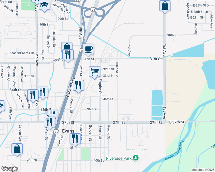 map of restaurants, bars, coffee shops, grocery stores, and more near 508 King Court in Evans