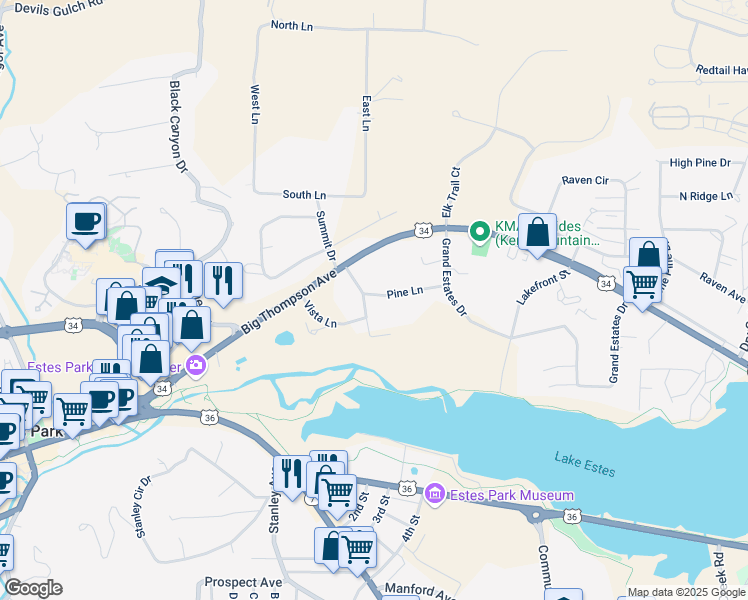 map of restaurants, bars, coffee shops, grocery stores, and more near 1010 Pine Lane in Estes Park