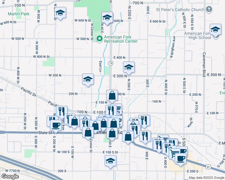 map of restaurants, bars, coffee shops, grocery stores, and more near 281 North 100 East in American Fork