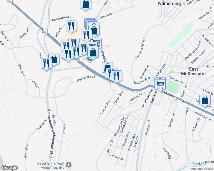 map of restaurants, bars, coffee shops, grocery stores, and more near 1205 Highwood Road in North Versailles