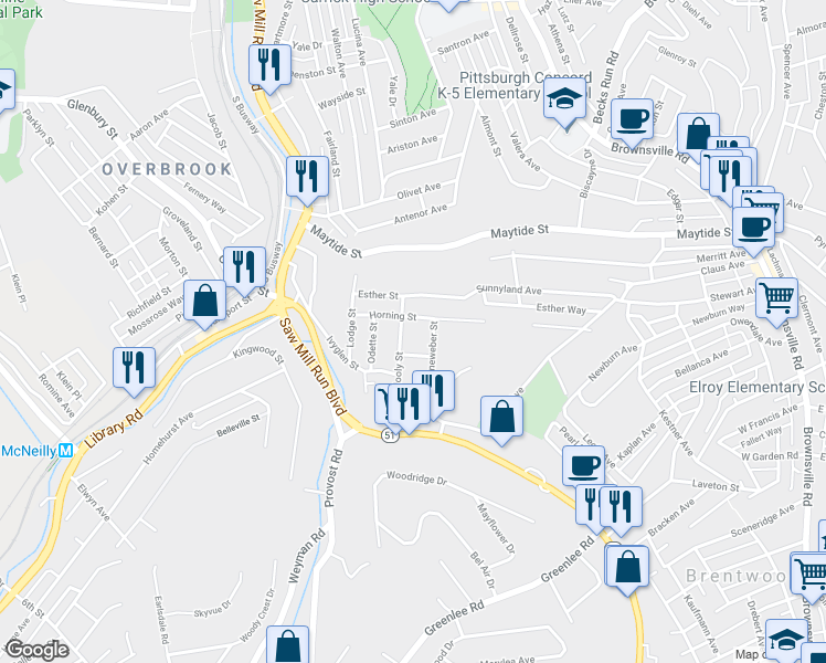 map of restaurants, bars, coffee shops, grocery stores, and more near 39 Spinneweber Street in Pittsburgh