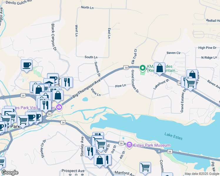 map of restaurants, bars, coffee shops, grocery stores, and more near 1010 Pine Lane in Estes Park