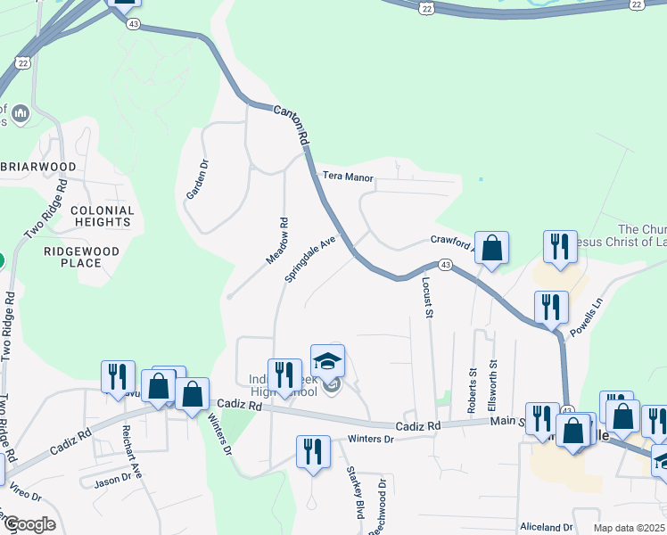 map of restaurants, bars, coffee shops, grocery stores, and more near 115 Grandview Drive in Steubenville