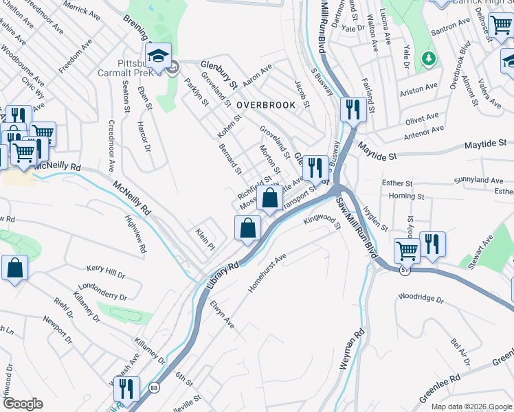 map of restaurants, bars, coffee shops, grocery stores, and more near 304 Pinecastle Avenue in Pittsburgh