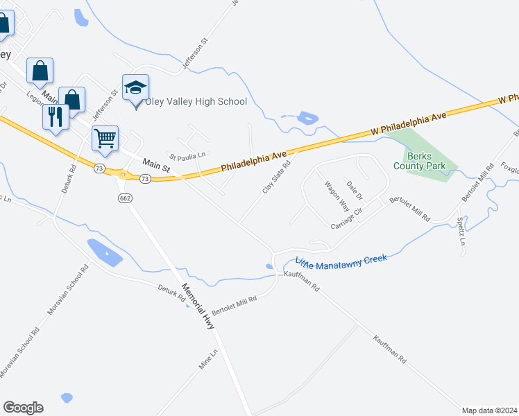 map of restaurants, bars, coffee shops, grocery stores, and more near 17 Clay Slate Road in Oley
