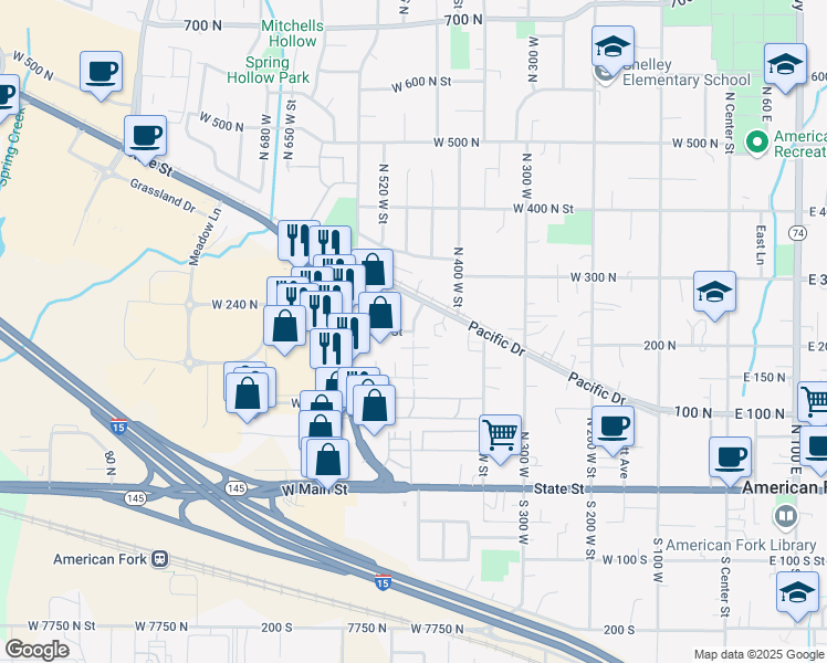 map of restaurants, bars, coffee shops, grocery stores, and more near 167 North 450 West Street in American Fork