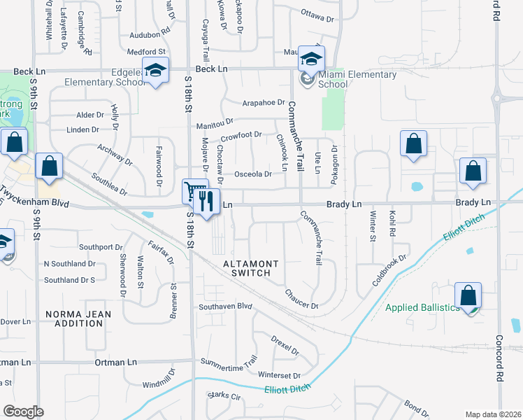 map of restaurants, bars, coffee shops, grocery stores, and more near 2017 Brady Lane in Lafayette