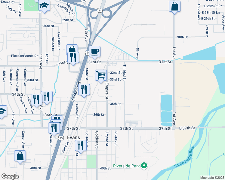 map of restaurants, bars, coffee shops, grocery stores, and more near 508 King Court in Evans