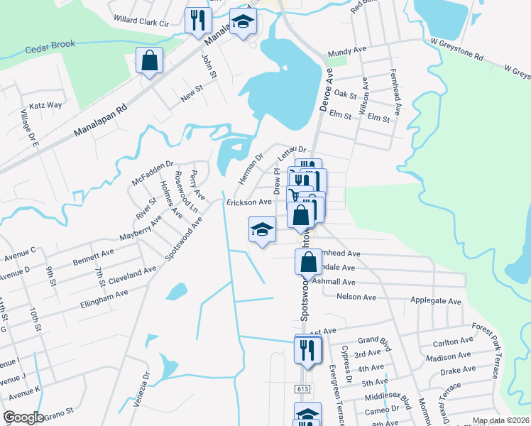 map of restaurants, bars, coffee shops, grocery stores, and more near 40 Harrigan Avenue in Monroe Township