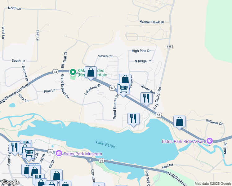 map of restaurants, bars, coffee shops, grocery stores, and more near 506 Grand Estates Drive in Estes Park