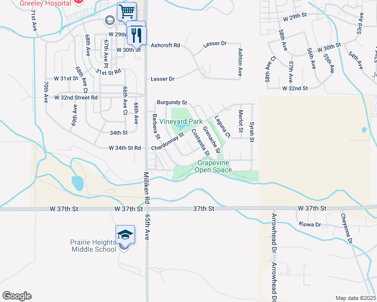 map of restaurants, bars, coffee shops, grocery stores, and more near 3337 Corvina Court in Evans